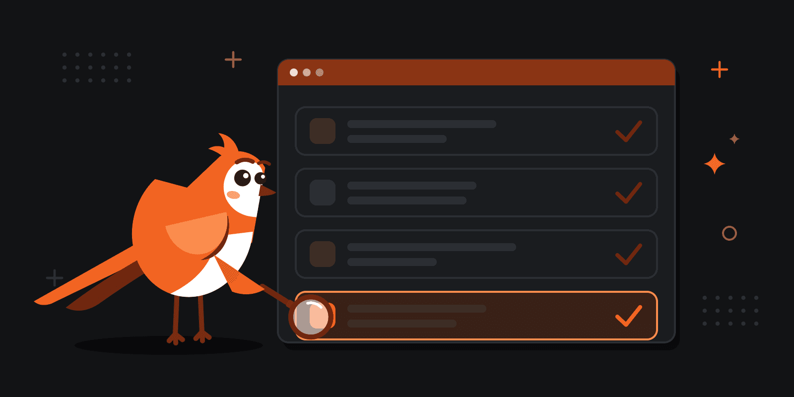 Larky the LarkLaunch lark checking a directory against a checklist through a magnifying glass: three rows ticked and the last one, the listing page, lit in orange under the lens