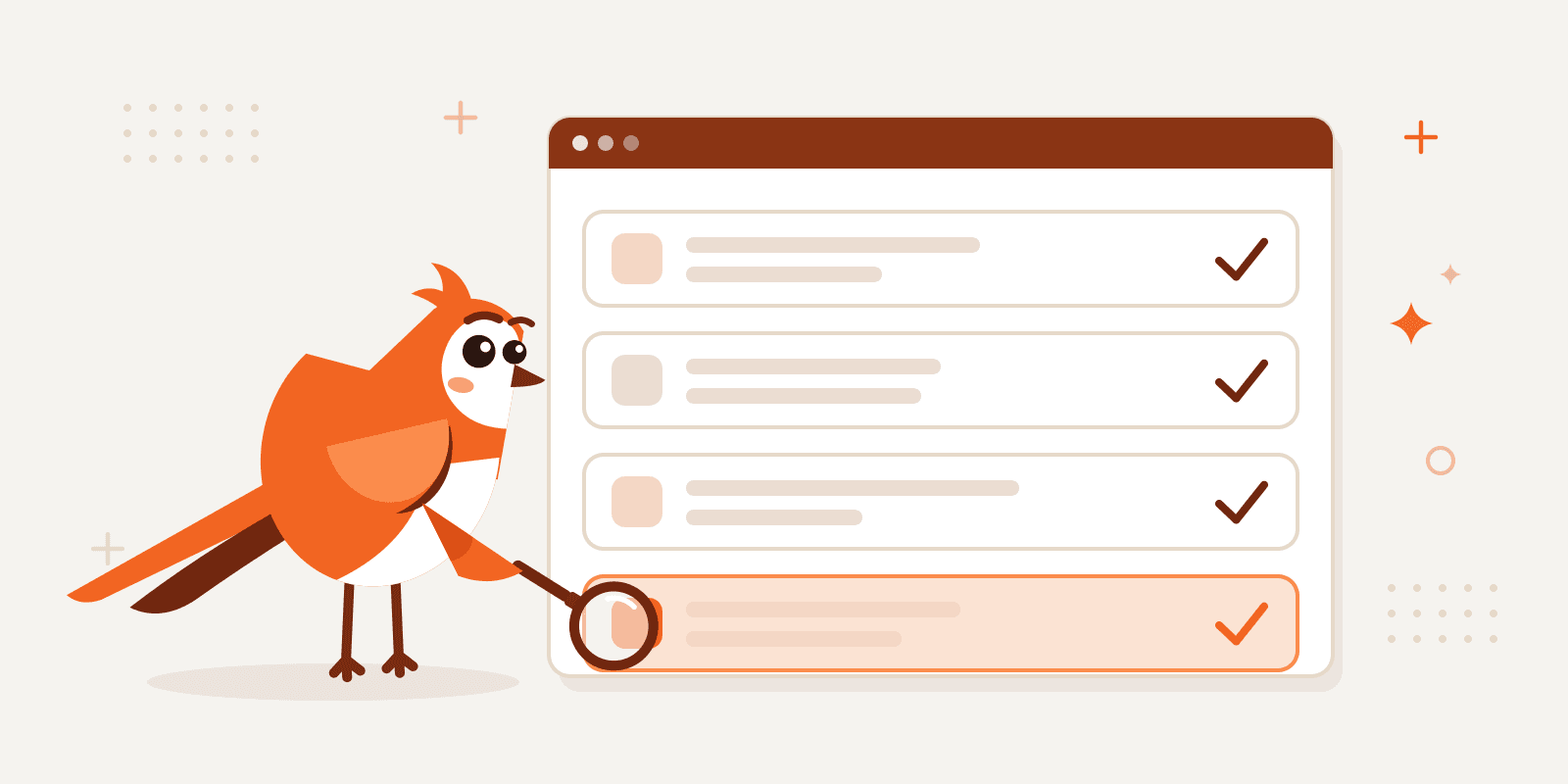 Larky the LarkLaunch lark checking a directory against a checklist through a magnifying glass: three rows ticked and the last one, the listing page, lit in orange under the lens