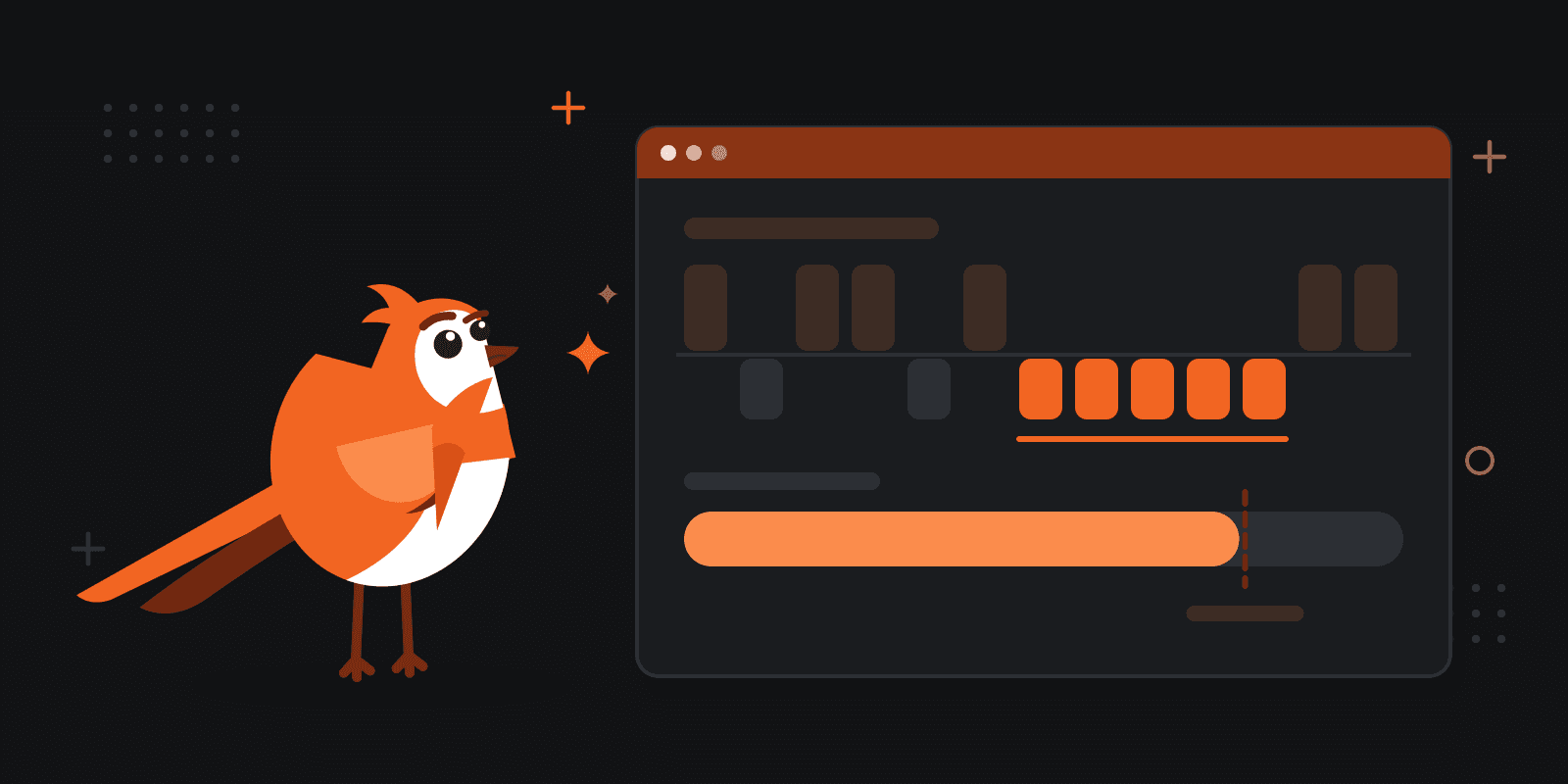 Larky thinking beside a row of trade results: a run of five losses in a row lit in orange, and under it a drawdown meter that fills right up to the dashed daily loss limit