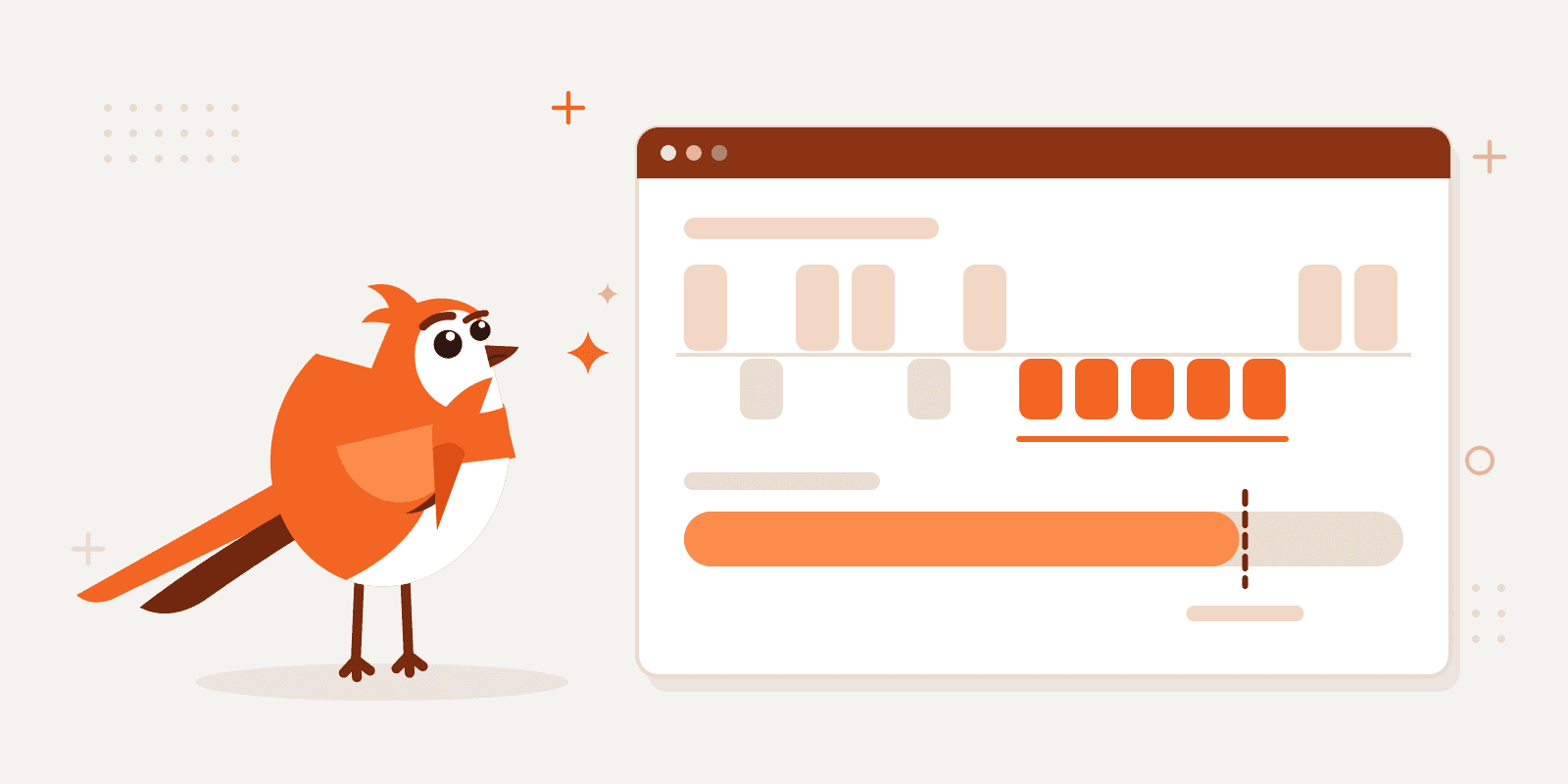 Larky thinking beside a row of trade results: a run of five losses in a row lit in orange, and under it a drawdown meter that fills right up to the dashed daily loss limit