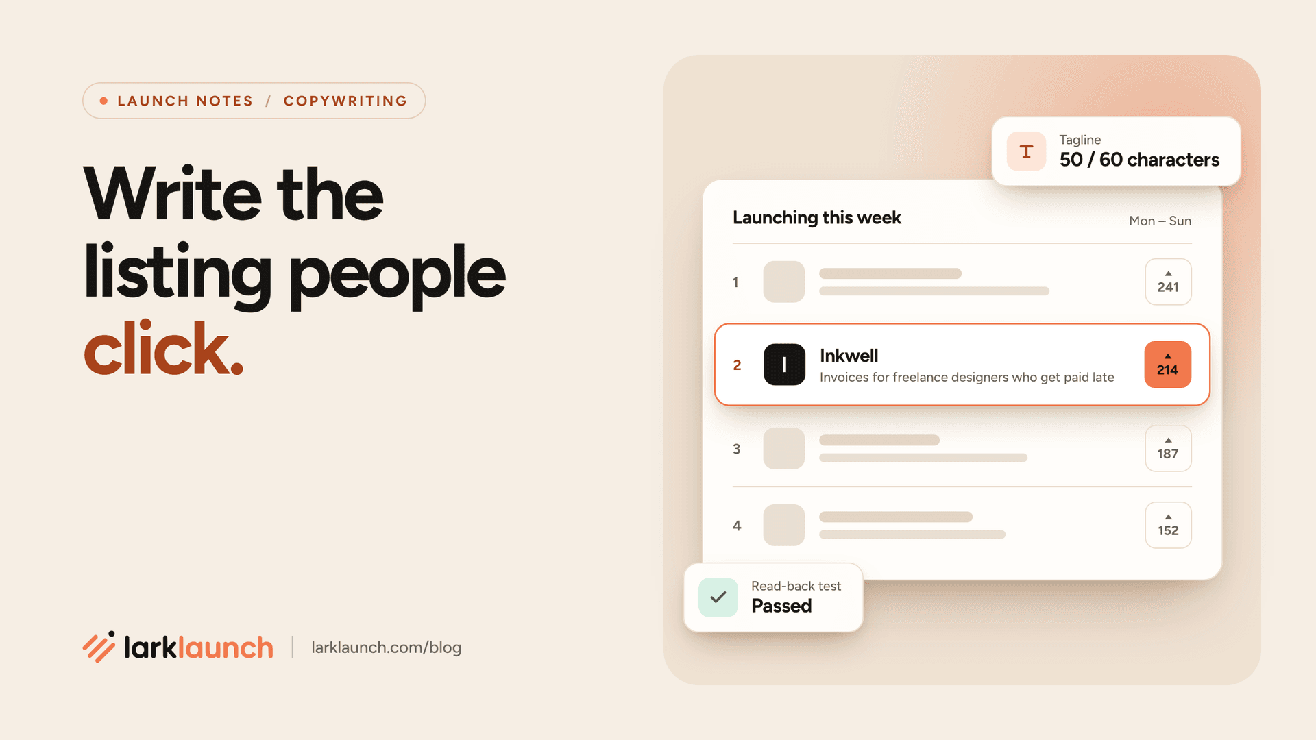 Write the listing. Then launch it. Beside it, a leaderboard where one clear listing, Inkwell, stands out from the rest