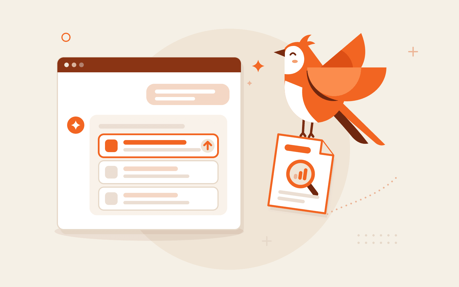 Larky the LarkLaunch lark flies in carrying a skill file marked with a magnifying glass to an AI chat window, and the assistant answers with search results, the top one lit