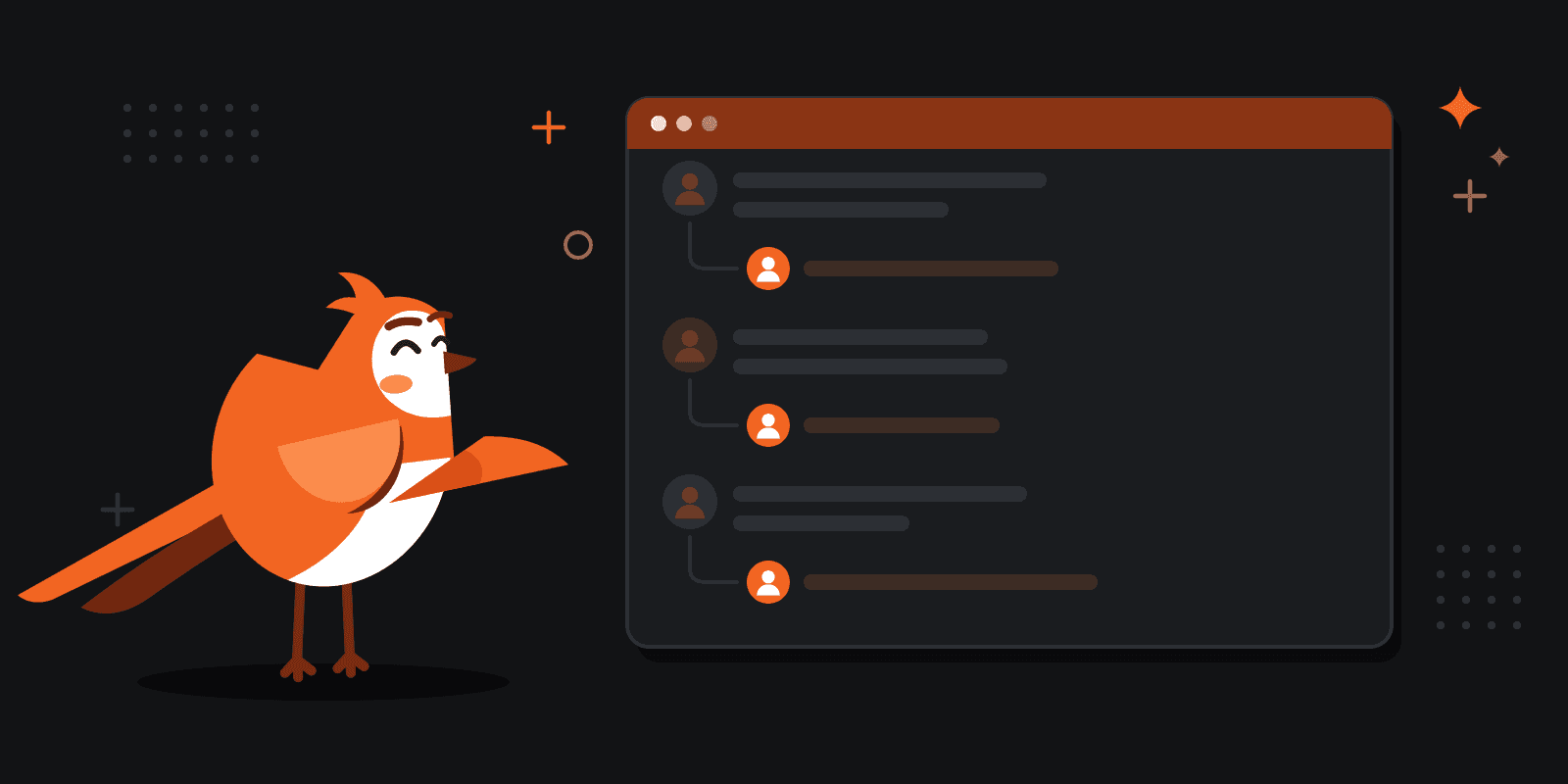 Larky the LarkLaunch lark pointing at a launch comment thread where every comment has the maker’s reply under it