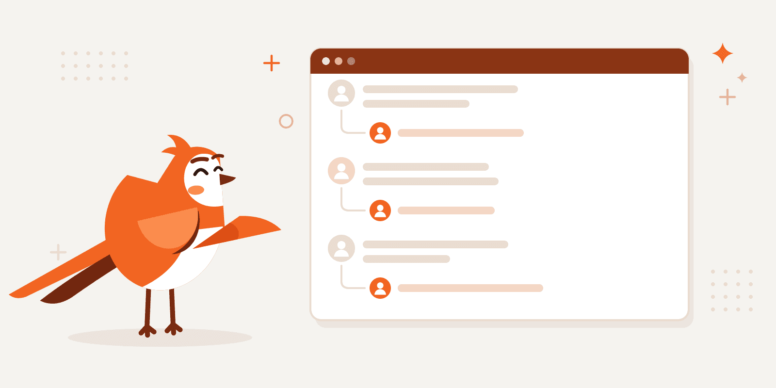 Larky the LarkLaunch lark pointing at a launch comment thread where every comment has the maker’s reply under it