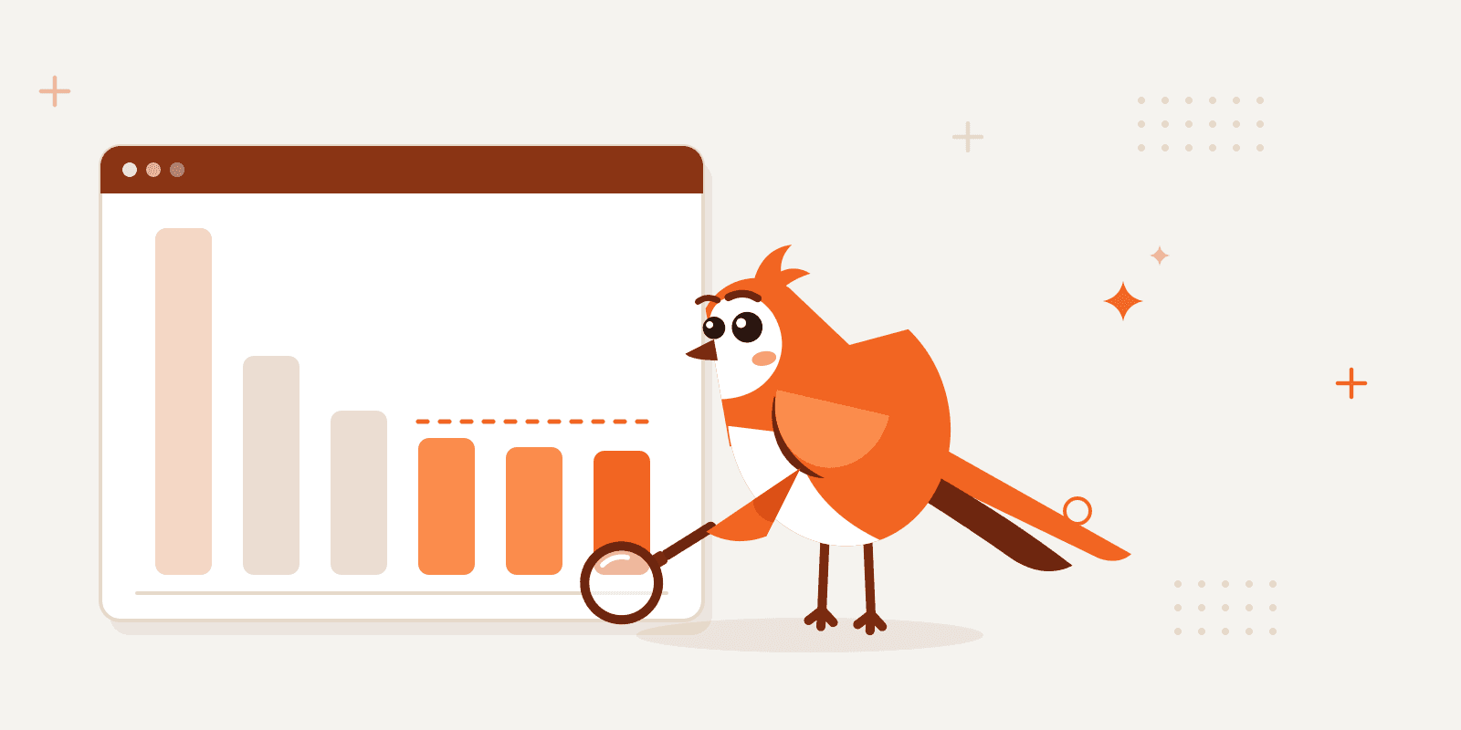 Larky looking through a magnifying glass at a retention chart whose bars drop after the first week and then level off, the level part lit in orange