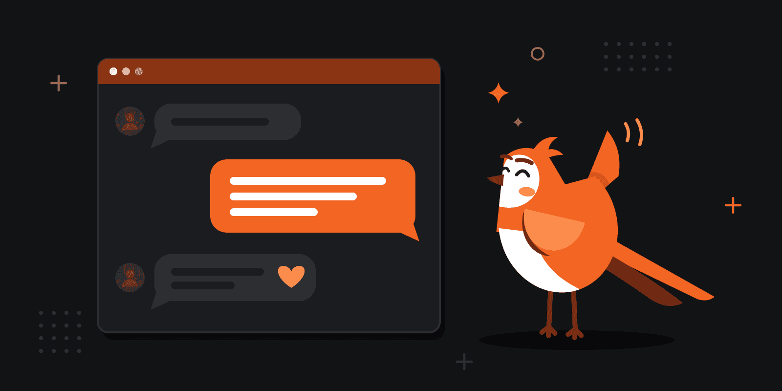 Larky waving beside a chat window: a new user signs up, gets a personal welcome message and replies with a heart