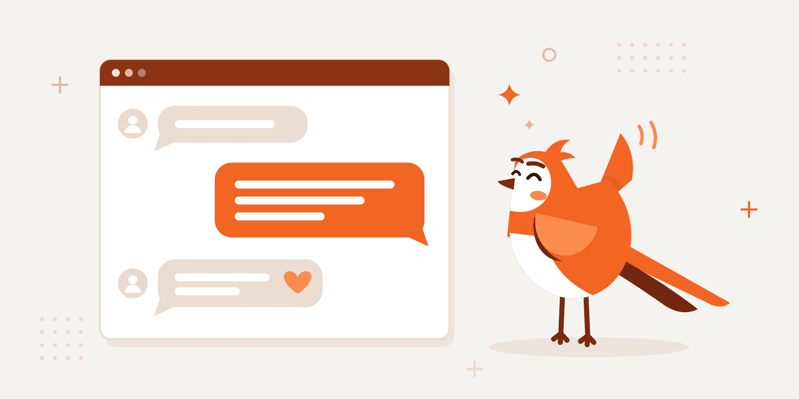 Larky waving beside a chat window: a new user signs up, gets a personal welcome message and replies with a heart