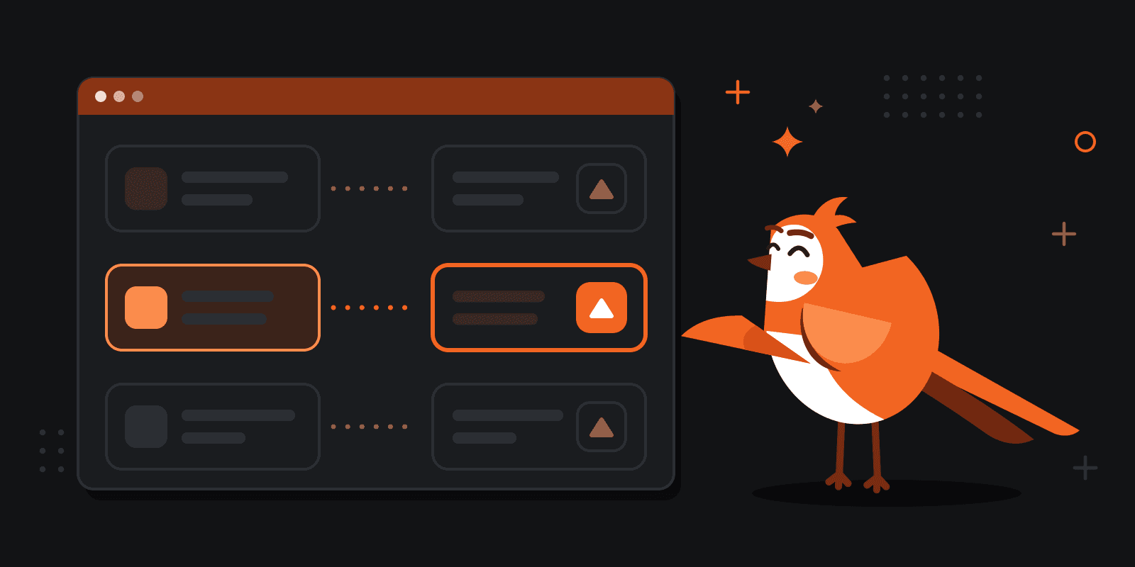 Larky pointing at a board that matches three kinds of product to the launch platform that fits each one, the middle match lit in orange