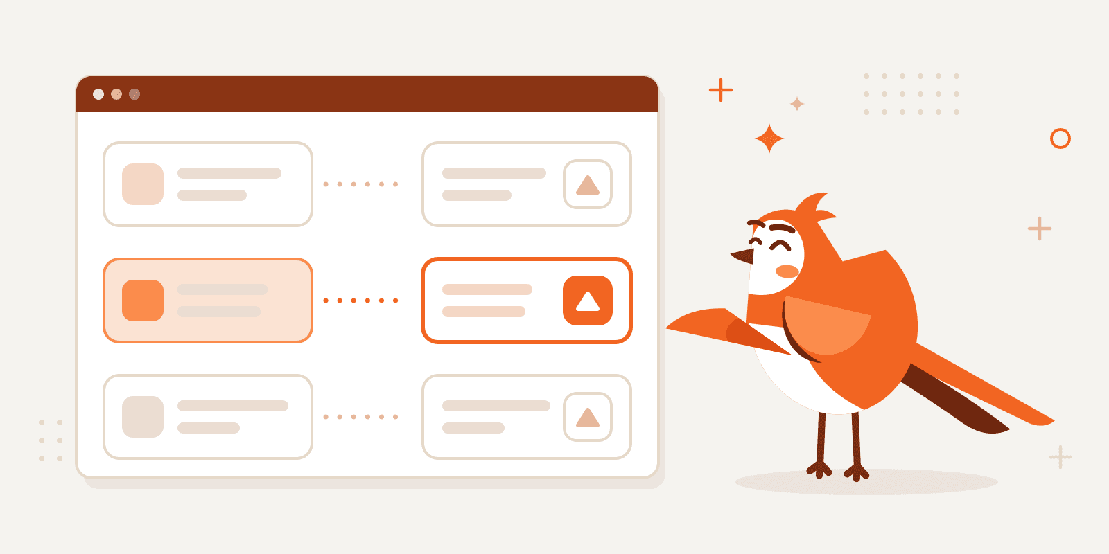 Larky pointing at a board that matches three kinds of product to the launch platform that fits each one, the middle match lit in orange