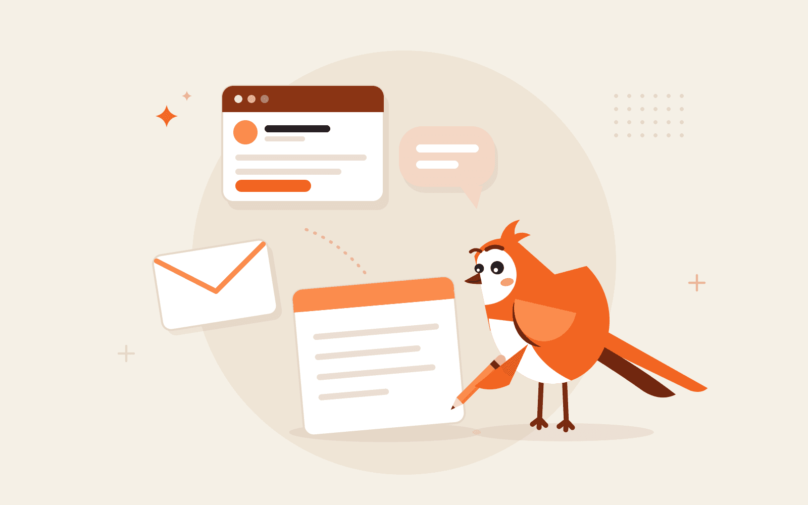 Larky writing on a notepad while three launch drafts float up from it: a social post with a link, a thread bubble and an email